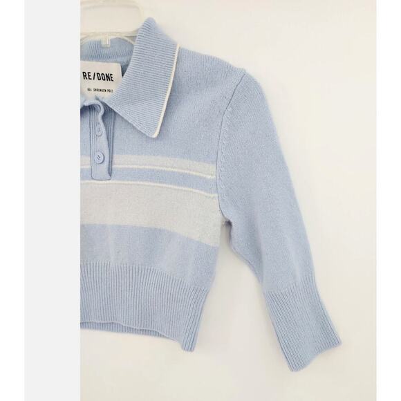 RE/DONE 60s Shrunken Polo Top Medium Pale Blue Striped Cropped Knit Mod - Picture 5 of 16